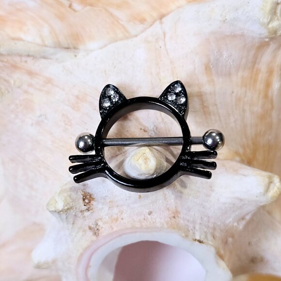 14G Black Cat Surgical Steel Clear CZ Gem Nipple Shield piercing jewelry - Picture 3 of 5
